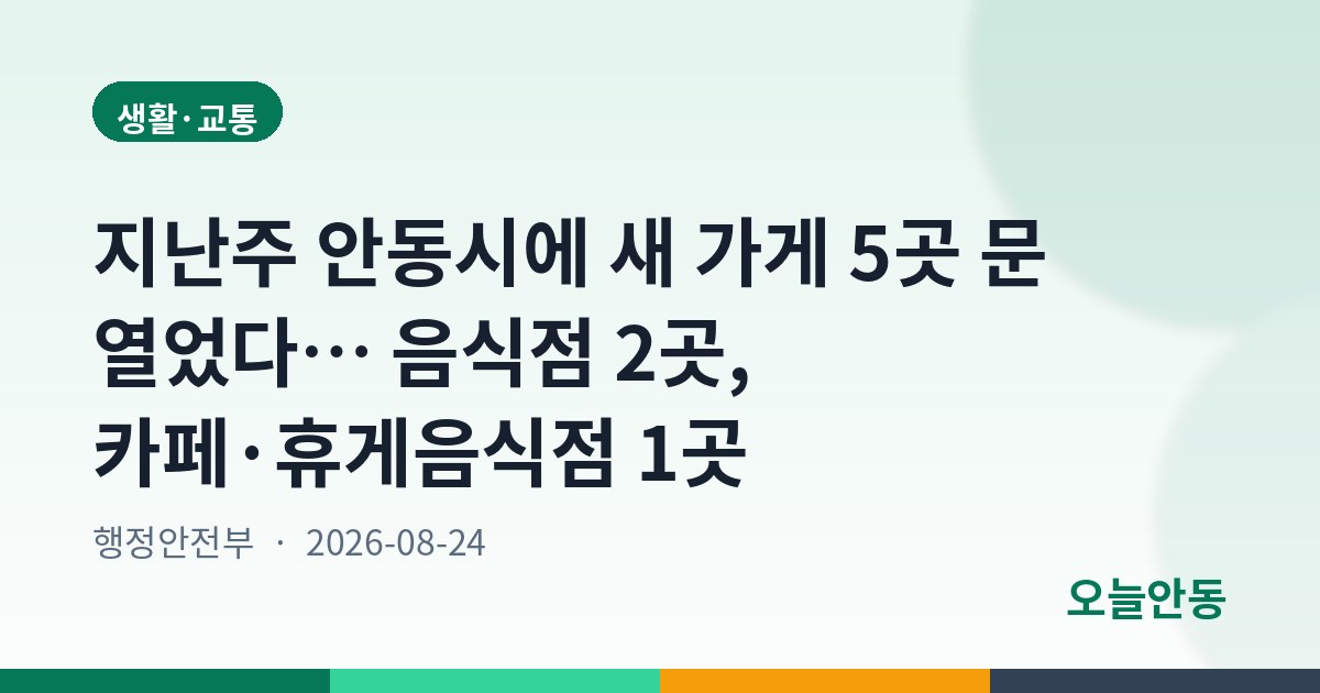 지난주 안동시에 새 가게 5곳 문 열었다… 음식점 2곳, 카페·휴게음식점 1곳