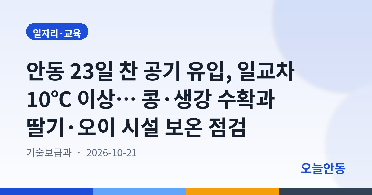 안동 23일 찬 공기 유입, 일교차 10℃ 이상… 콩·생강 수확과 딸기·오이 시설 보온 점검