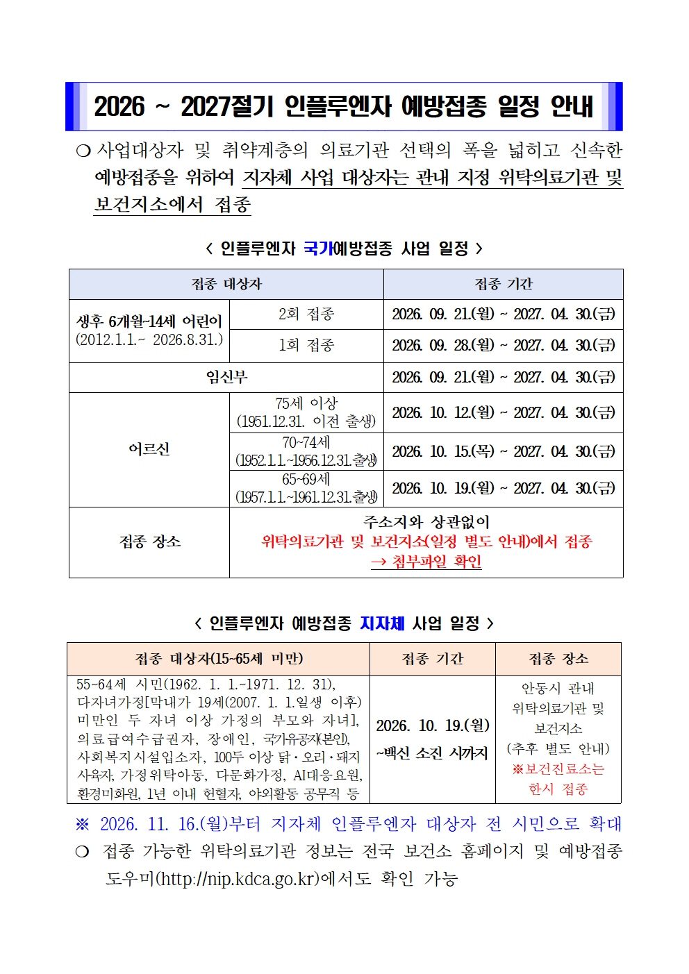 안동시, 인플루엔자 무료 예방접종 21일부터 실시